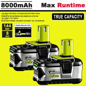 2-PACK 8000mAh 18V Replacement Battery For Ryobi 18V Battery High Capacity 18V Lithium-ion Battery P102 P103 P104 P105 P106P108 P107 P109 P101 For Cordless Power Tools