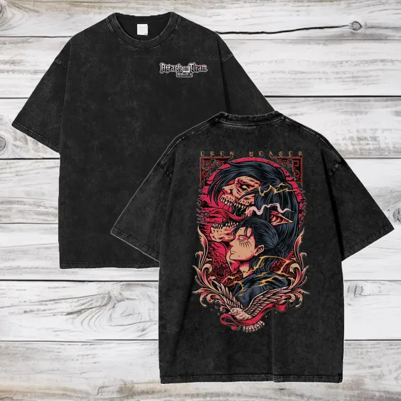 Men's Attack on Titan Cotton Graphic T-Shirt - Short Sleeve, Regular Length, Vintage Washed Look, Oversized Survey Corps Wings of Freedom Anime Tee - Dark Aesthetic Streetwear, All Seasons