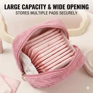 Multifunctional Corduroy Makeup Bag For Women | Travel Sanitary Napkin Pouch Portable Cash/Coin Purse - Solid Colors, Portable Cosmetic Pouch
