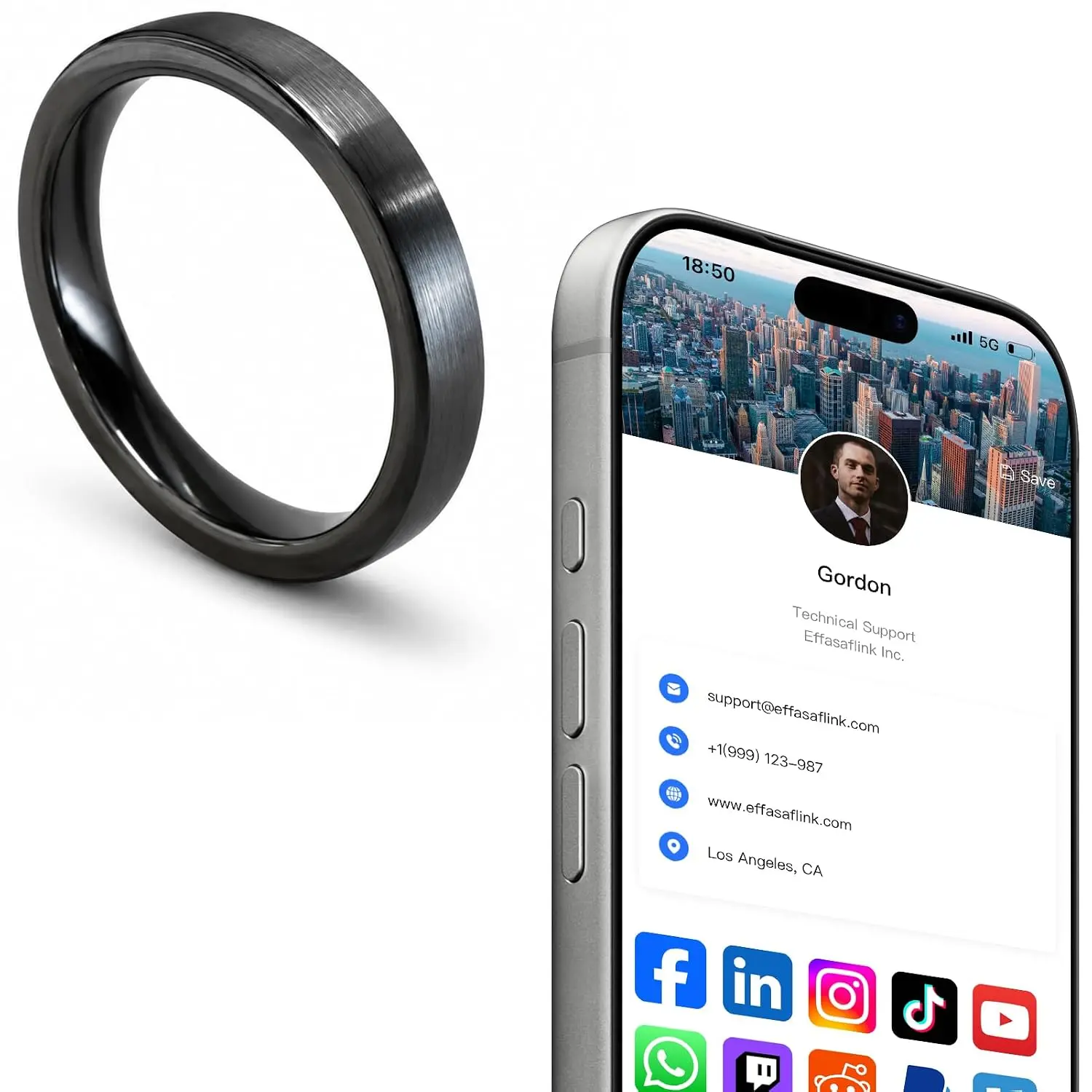 Digital Business Card Ring, 3mm Ultra-Thin NFC Ring for Contact Sharing | All-Ceramic Ring, Customized Online Profile, Tap to Share Contact Info, No monthly fee, Compatible with iPhone & Android