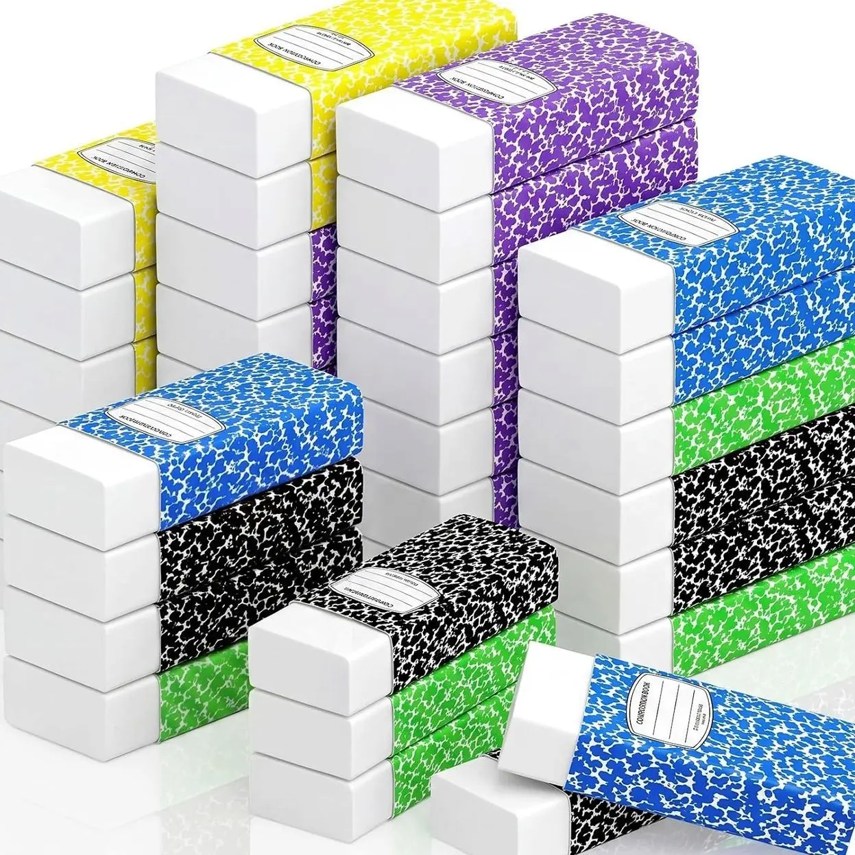 Yeaqee 100 Pack White Pencil Erasers Bulk, Pencil Rubber Erasers, Soft Art Eraser for Back to School Drawing Artist Office Classroom Writing Supplies 1.57 x 0.71 x 0.31 Inch(Assorted Color Sleeves)