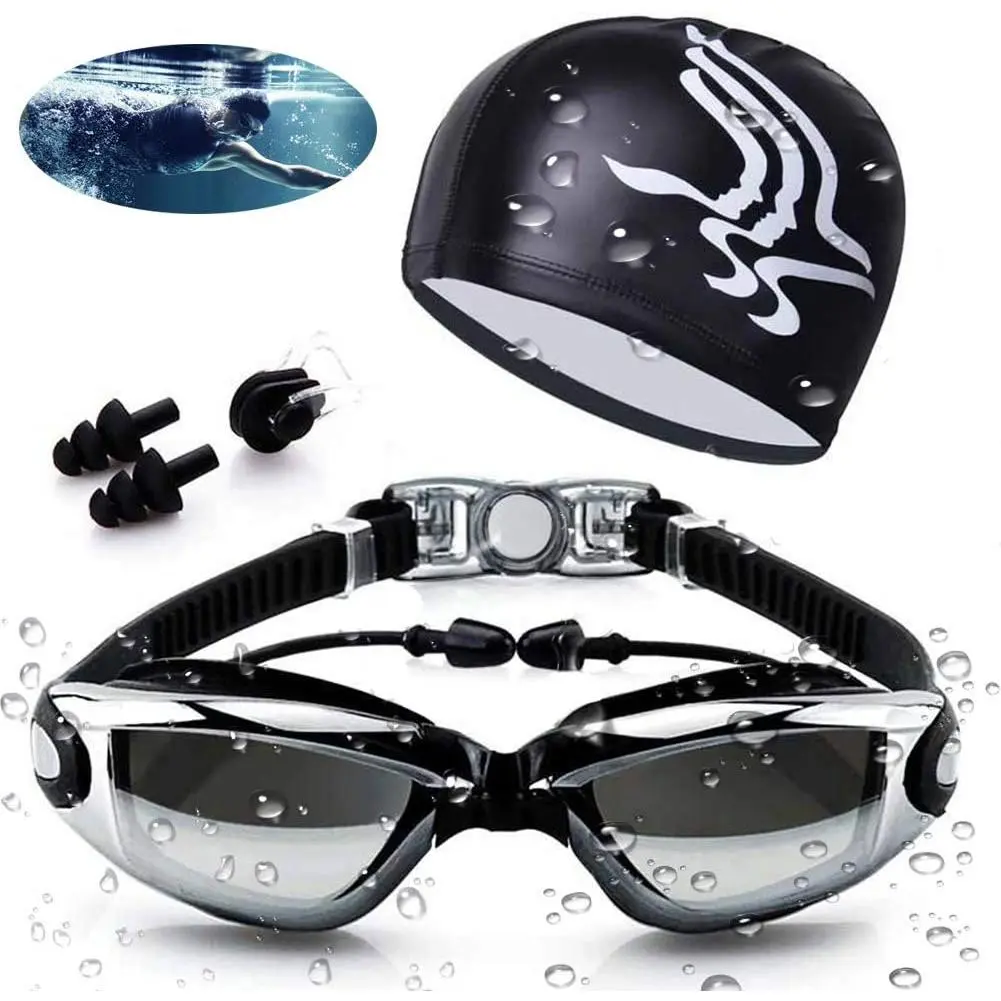 Swimming Goggles Waterproof and Cap Set 4 in 1, UV 400 Protection Lenses Clear Anti-Fog