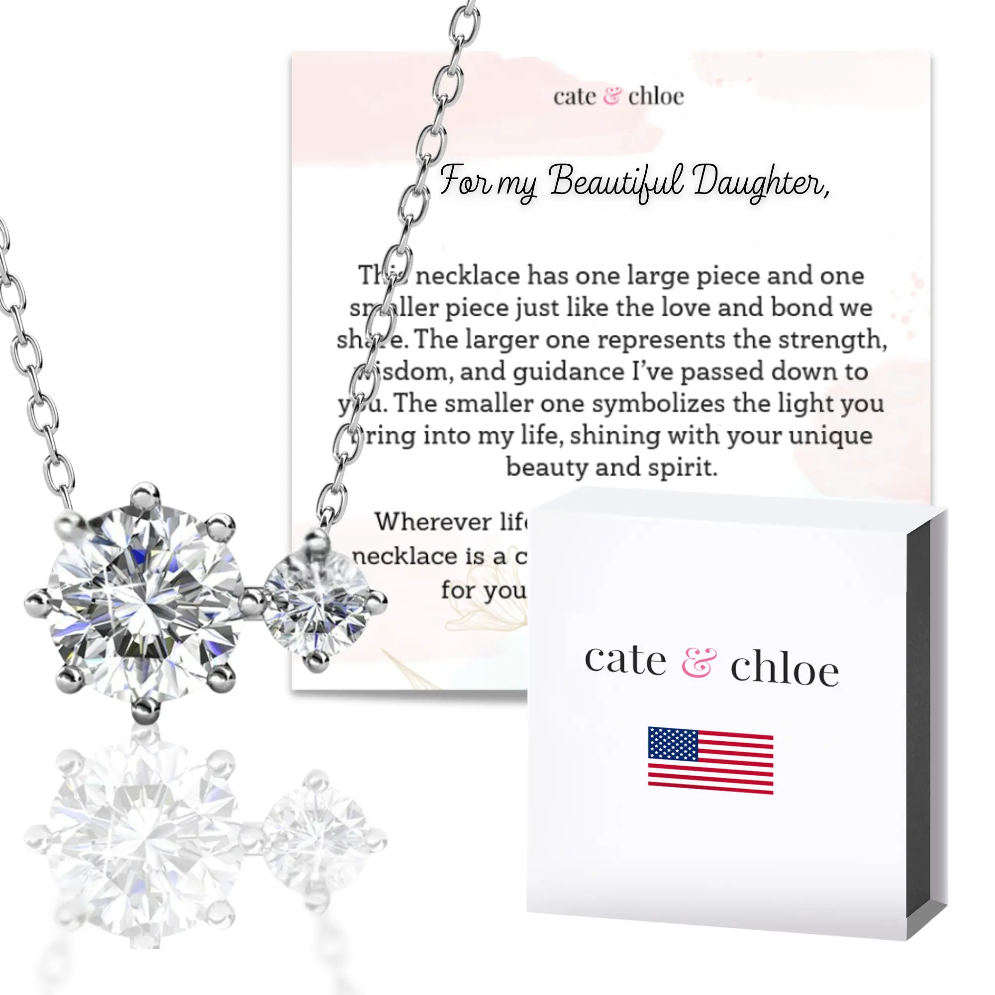 Emma 18k White Gold Plated 2-Stone Pendant Necklace with Simulated Diamond Crystals & Sentimental Message for Daughter