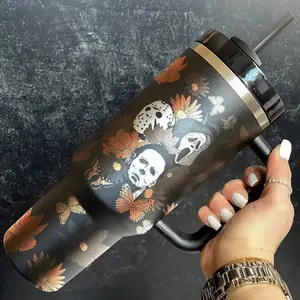 Horror Icon Mask Floral Stainless Steel Tumbler, 20oz Skinny/Curved or 40oz Handle Insulated Travel Mug with Straw Lid