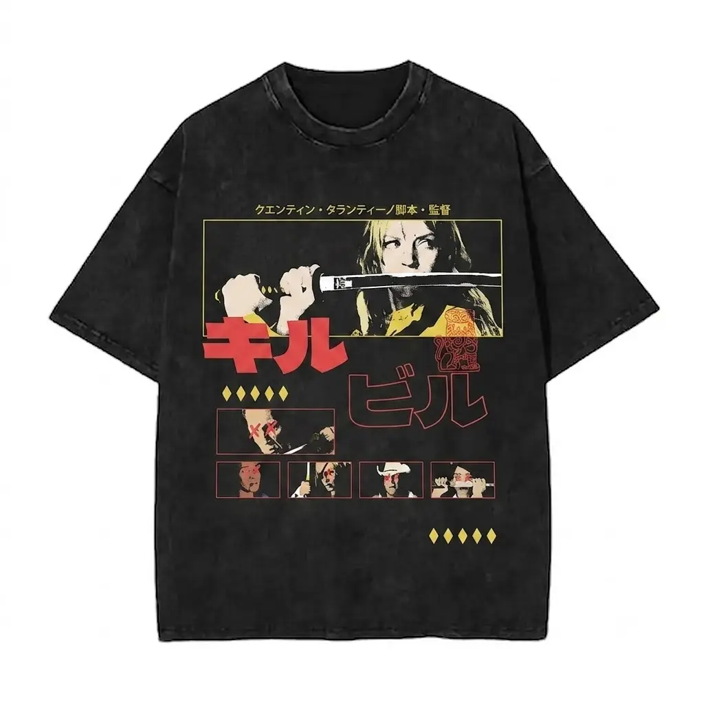 Kill Bill Graphic T-Shirt Vintage Acid Wash Oversized The Bride Movie Tee Streetwear Apparel
