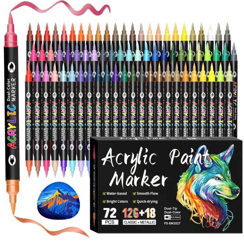 Acrylic Paint Markers, Dual tips Dual Color 24/48/72 Colors, Acrylic Paint Pens for Rock Painting, Canvas, Wood, Glass, Ceramic, Fabric, Plastic, Scrapbook, Soft Brush Tips Paint Pens and Paint Markers Art Marker Set, Art Supply, Art Craft Supplies