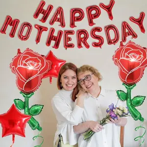 Mother's Day Balloon Red Happy Mothers Day Balloons Banner Red Star Balloon Rose Balloons Floral for Mother's Birthday Theme Party Supplies Happy Mother's Day Party Decorations Set