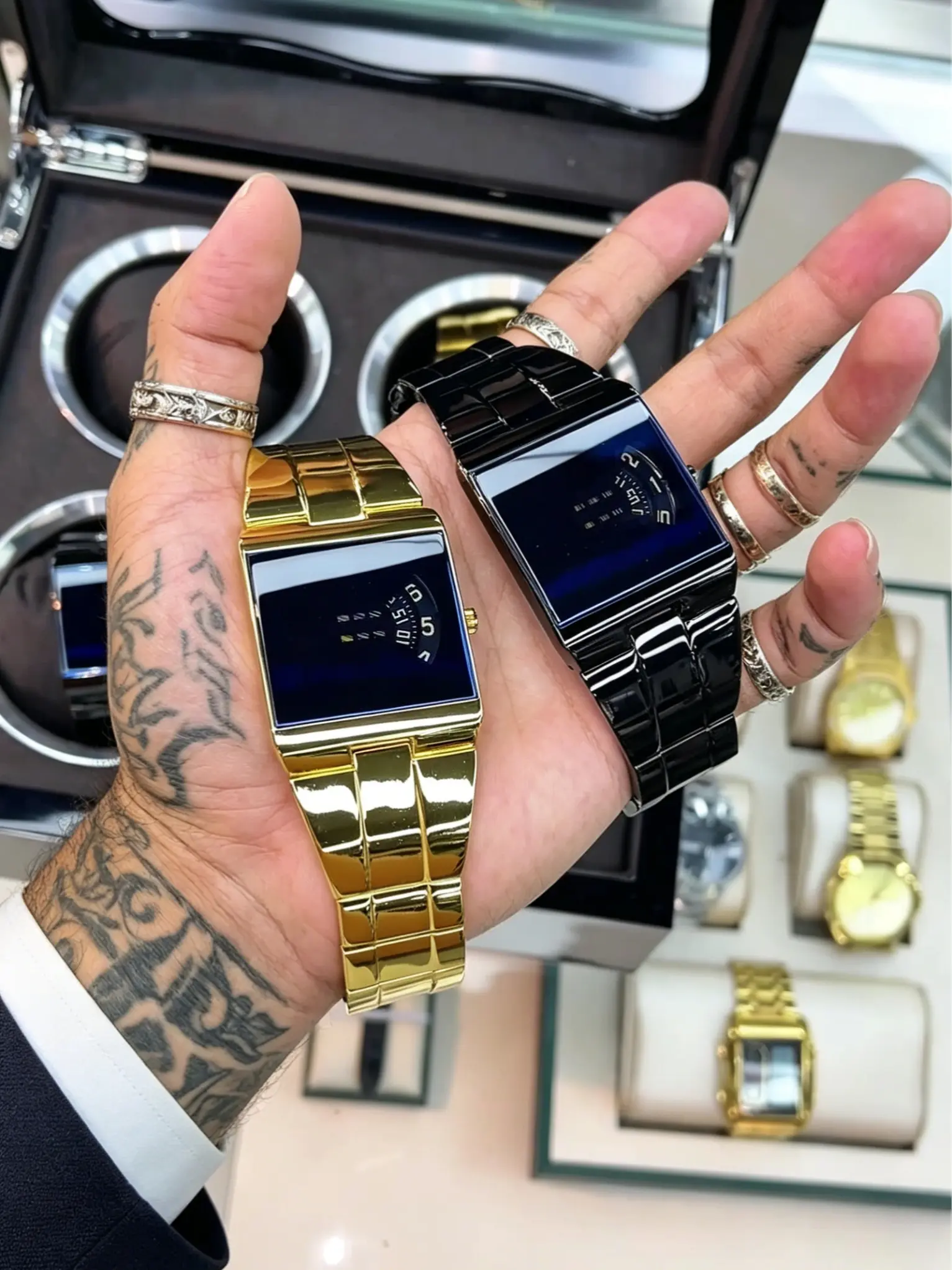 Minimalist Track Reading Watch, Mirror Square Dial, No Pointer Design, Gold/gold, Ceramic/steel Strap, Stable and Durable, Analog Watches
