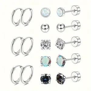 8 Pairs of Medical Steel Ear Studs, Sensitive Ear Studs, Anti-allergic 20G Stainless Steel Female Ear Studs, Male Ear Studs, Small Opal Balls, CZ Surgical Steel Ear Studs, Flat Back, Cartilage Ear Studs