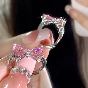 RING4U - New Arrived Romantic Lovely Pink Bowknot Design Female Exquisite Jewelry Ring with Micro Bow Tie Zircon for Party and Dating