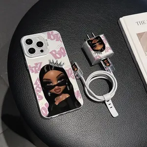 5 Piece Silver Color Doll Theme Phone Case Set, Accessories, Charger Head Cover, Cable Protector, Storage Rope, Anti-Drop Tpu Case for iPhone