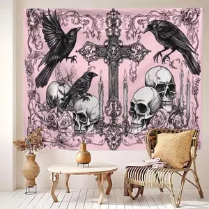 VIKAMA Gothic Dark Tapestry Pink And Black Color-Blocking Raven And Skull Bedroom Headboard Wall Art Theme Decor room， funny tapestry durable man