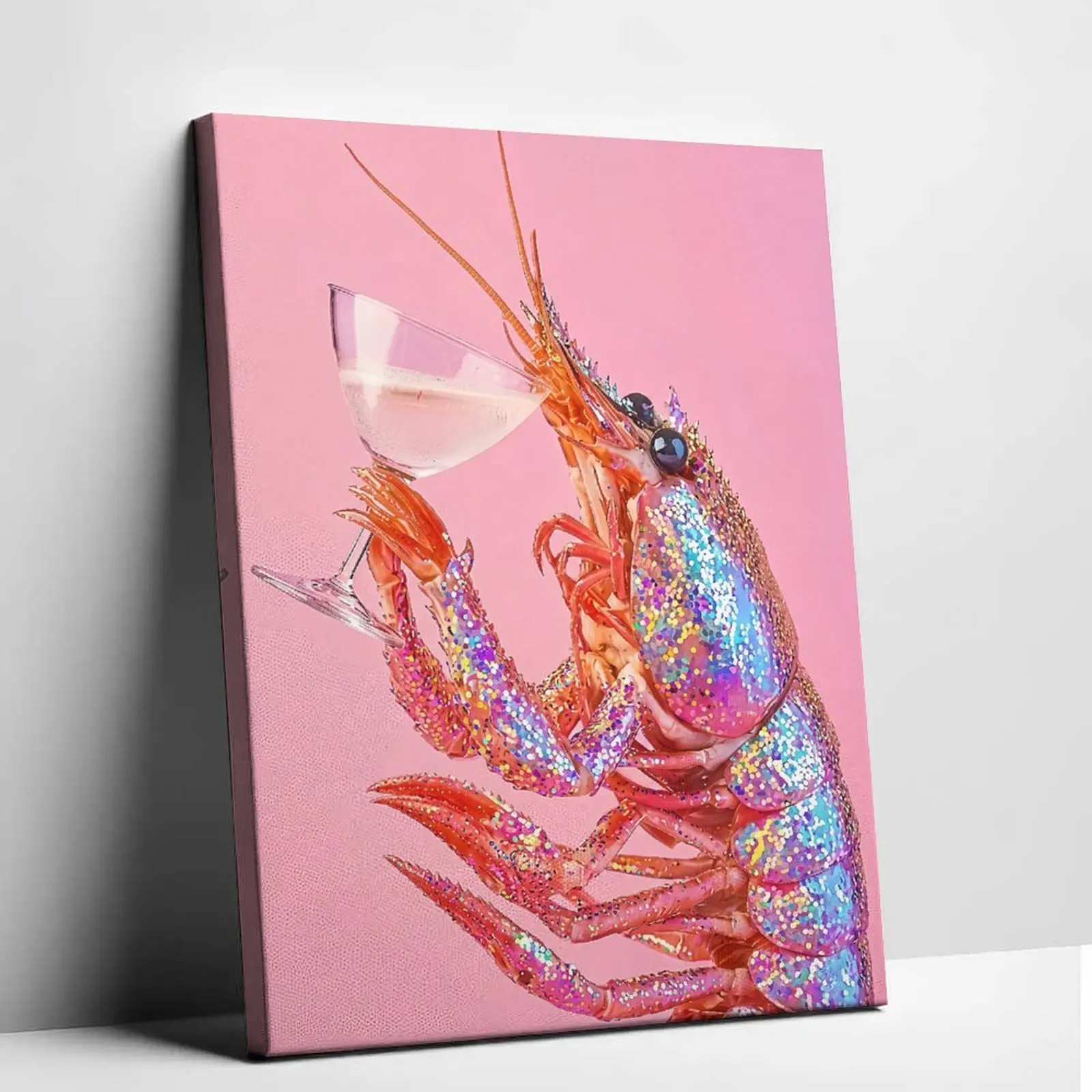 Unframed Glitter Lobster Champagne Canvas Print, Artistic Dopamine Decor, Quirky Hanging Room Decoration for Bar Cart Walls, Wall Decor