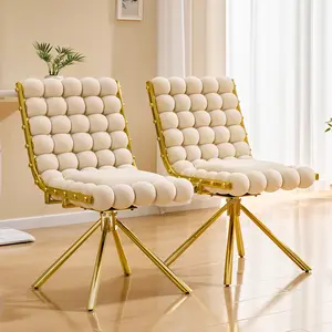 Cream Bubble Tufted Swivel Accent Chair, 360° Rotating Velvet Armless Chair with Gold Metal Frame for Living Room Bedroom Dining Vanity