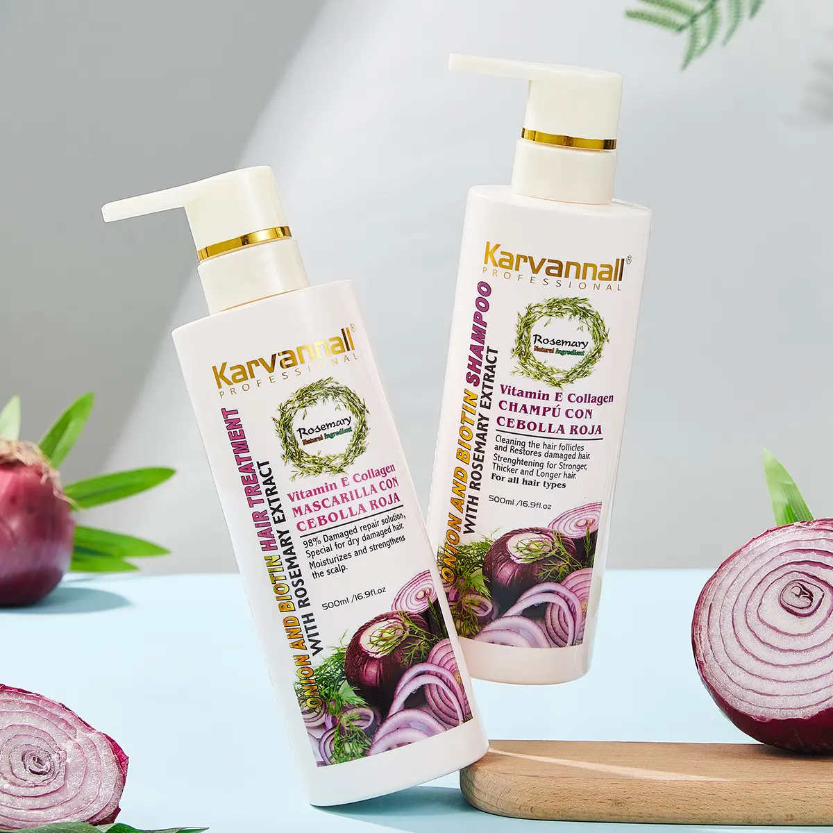 Karvannall Rosemary & Onion Biotin  & Treatment Set - Sulfate-Free, Cruelty-Free Haircare Kit (2 x 16.9 fl oz) for Anti-Breakage, Anti-Frizz,   Relief, Density & Bouncy Hair (Daily  for Wavy Hair) 1, Dry