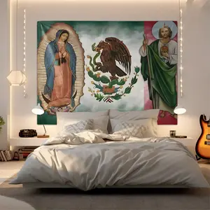 Mexican Religious and Patriotic Themed Tapestry, Our Lady Of Guadalupe and Saint Judas Tadeu Pattern Print, Tapestry Room Decor, Suitable for Patriots and Religious Believers, Use In Bedrooms, Living Rooms, Prayer Rooms