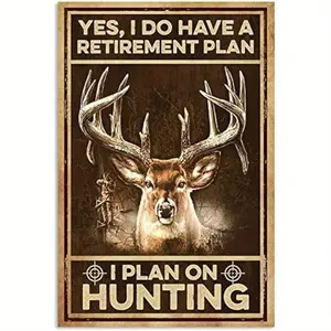 Vintage Deer Hunting Metal Tin Sign - "Yes I Do Have a Retirement Plan" Rustic Wall Art with Stag & Crosshair Design - Heavy-Duty Iron Hunting Lodge Decor for Cabin, for Man Cave, Office - Perfect Gift for Hunters, Dad, Father's Day