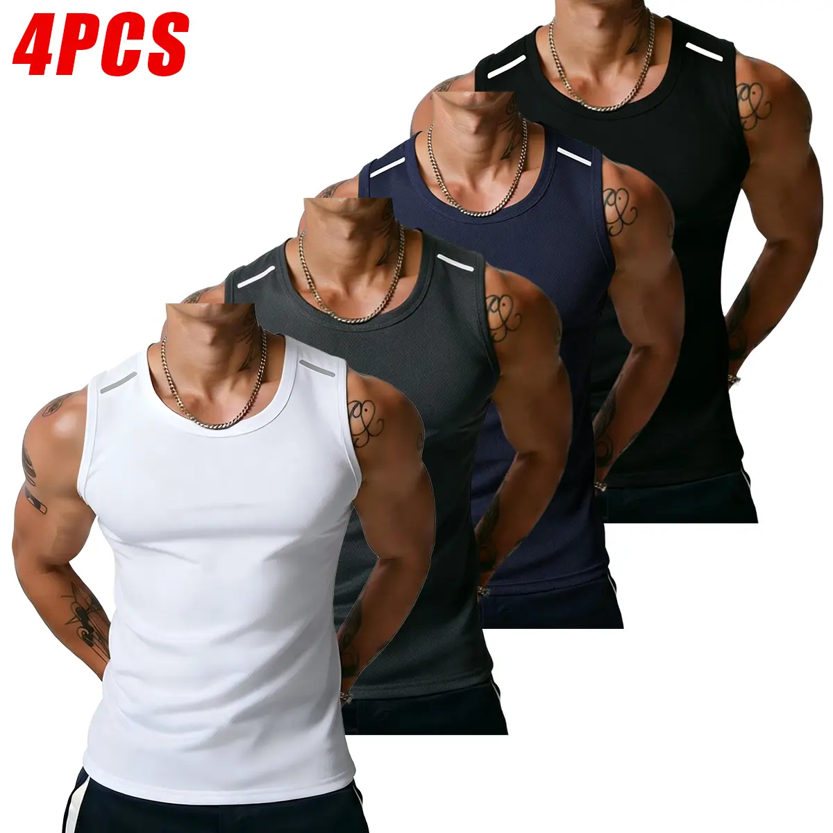 4PCS men’s fitness tank tops, casual sleeveless muscle T-shirts, bodybuilding T-shirts, men’s crew-neck compression shorts for basketball, sports tank tops, solid color design, summer style. Father’s Day Gift Recommendations