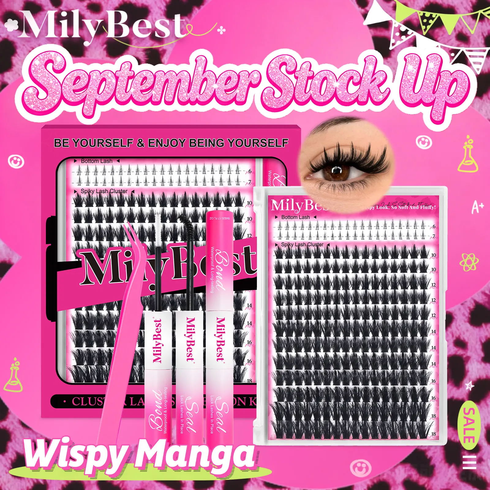 Milybest 100D Manga Spiky Wispy Lash Clusters Kit, 10-18mm Natural D Curl DIY Set with Bottom Lash Clusters,Waterproof Bond & Seal, Glue, Tweezer, Sohochic, Natural Lash Clusters,Animelashes,tiktokshopstockup