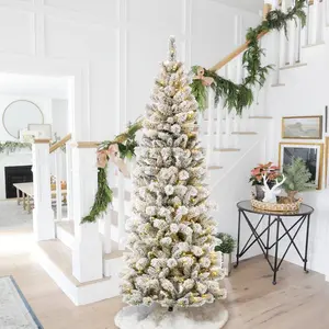 Glitzhome 7.5ft Pre-Lit Flocked Pencil Green Pine Artificial Christmas Pencil Tree with 300 LED Lights, 9 Functional Warm White/Multi-color, remote controller