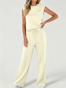 Women's casual sports suit, sleeveless top, high waist wide leg pants, women's two-piece suit, comfortable and fashionable design, suitable for daily casual wear, Sweatsuit Set, Sports Clothing Set, Sweatsuit Set Outfit