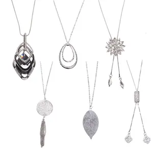 A Set of 6 Pcs Long Pendant Necklaces for Women,Silver Sweater Necklaces,Flower Tassel Disk Circle Leaf Statement Sweater Chain Necklace for Women Y Necklace Fashion Jewelry,Tools & Hardware