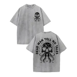 Menswear Unisex Vintage Streetwear Tshirt - 230g Washed Cotton, Baggy Loose Fit Shortsleeve Top with "The Dead Don't Lie" Skull Octopus Tentacle Graphic, Elastic Casual Gothic Outfit, Machine Washable