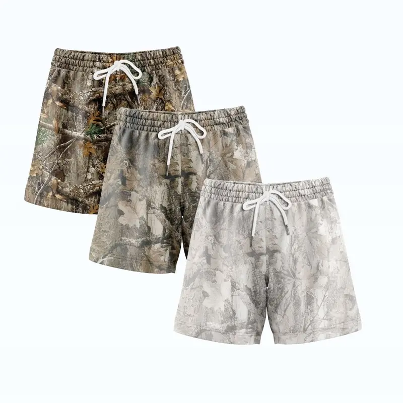 Pack 3 Men’s 5 Inch Inseam Camo Real Tree Print Mesh Shorts Breathable Fabric for Outdoor Sports Swimming Hiking and Active Adventures