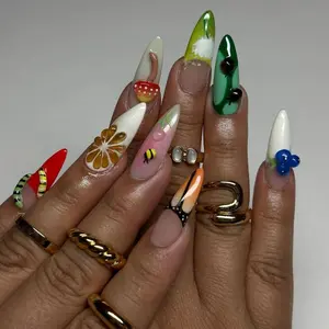 S182 Eclectic Summer Press-On Nails, 3D Fruits, Bees & Swimsuit Art, Vibrant Mix Style, Custom Handmade, Solana Nails Town