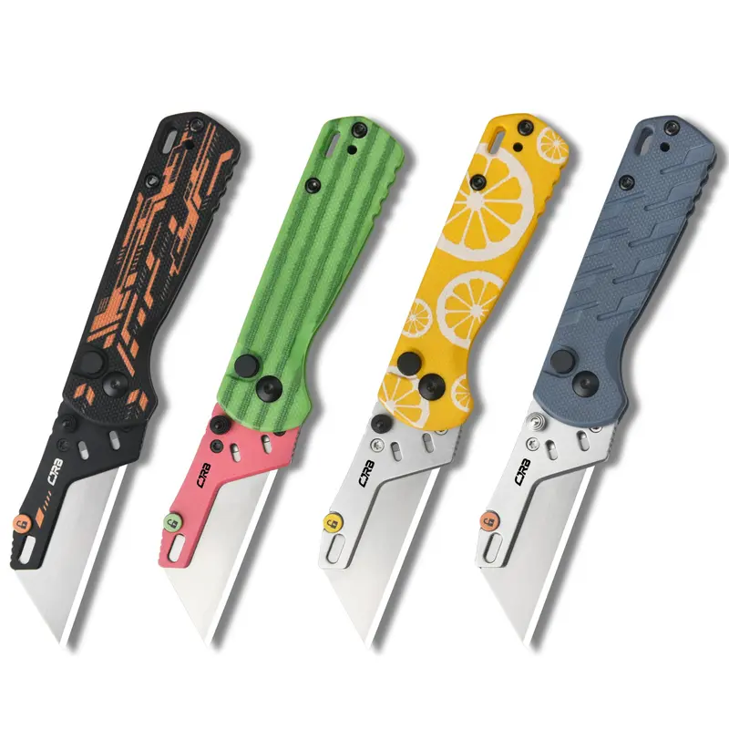 CJRB Boxer Folding Utility Knife - Button Lock, Quick Change Blade, G10 Handle, Stainless Steel Survival Gear, Reusable Foldable Tool, Lightweight Tools and Gadgets, 10 Blades Included, Portable EDC for Fishing, Outdoor Camping