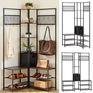 【Summervibes】VEVOR Corner Hall Tree with Shoe Bench, 70.9 in Coat Rack with Hooks and Steel Frame, Freestanding Clothes Shoes Rack Storage Organizer with Anti-Tip Set, for Entrance, Closet, Office, Rustic Brown