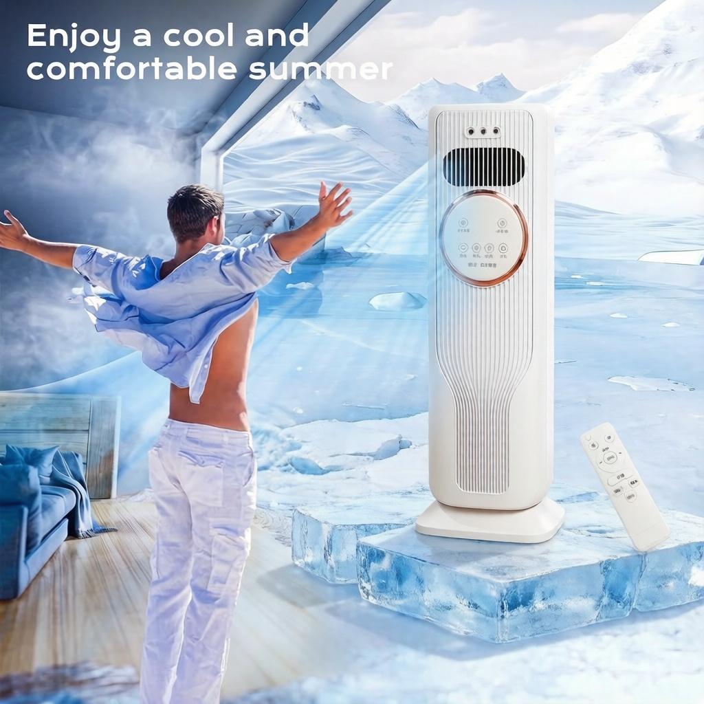 Multi-Functional Bladeless Tower Fan Heater – 3 Fan Speeds, 2 Heat Levels, Remote Included, Ice Water Cool Breeze, Energy Efficient, All-Season Use – Must-Have Home Appliance