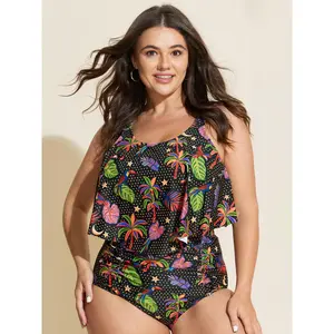BLOOMCHIC Plus Size Tropical Print Flared Tankini Swim Top [M-6X] - 2026 Summer Swimsuit Beachwear, Tropical Print Swimsuit, Tankini with Shorts,Spotlight,Summer wins,Deals for you days Swimdress Bathing Suits