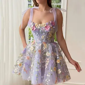 Summer Floral Tie Strap Tulle Prom Dresses for Women  Fairy Embroidery Lace Applique Party Mini Princess Dress