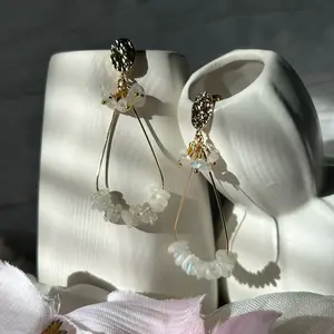 Aurora Teardrop Gemstone Earrings. Handcrafted, hypoallergenic, plated with 18K real Gold. Rose Quartz, Tourmaline, Moonstone, Obsidian, and Aquamarine Quartz.