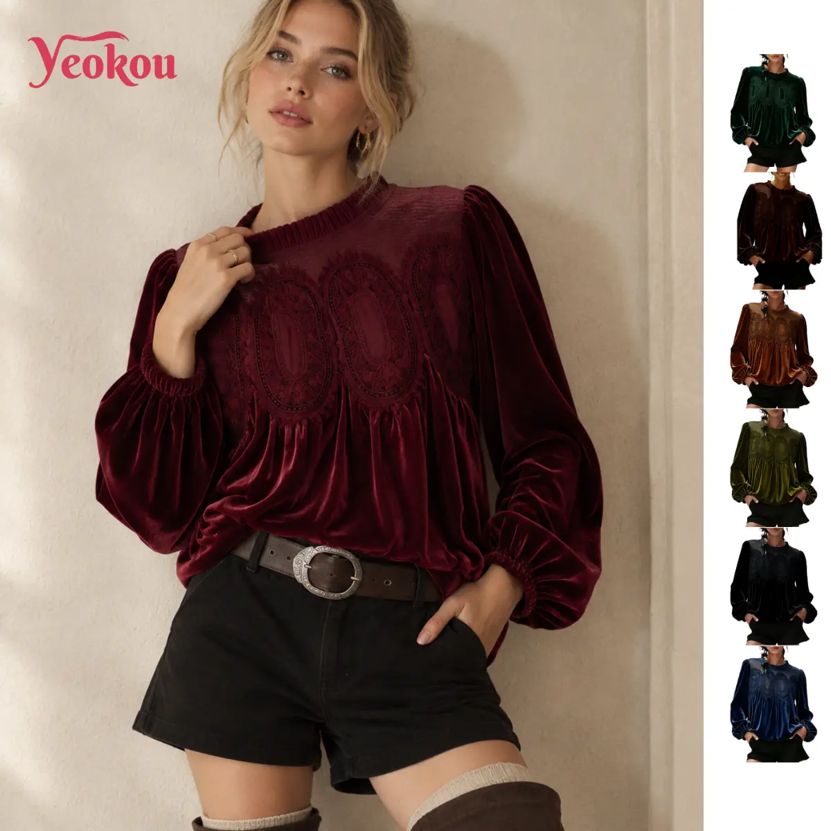 Yeokou Women's Elegant Bohemian Knit Blouse - Long Sleeve Crew Neck, Velvet Lace Trim, Flared Swing, Office-to-Party, Machine Washable, Vintage Retro Style