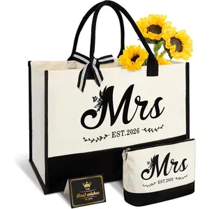 Mrs 2026 Bride Canvas Tote Bag with Makeup Bag, Wedding Gifts for Bridal Shower Bachelorette Party Engagement Honeymoon, Miss to Mrs, Bride to Be Gifts