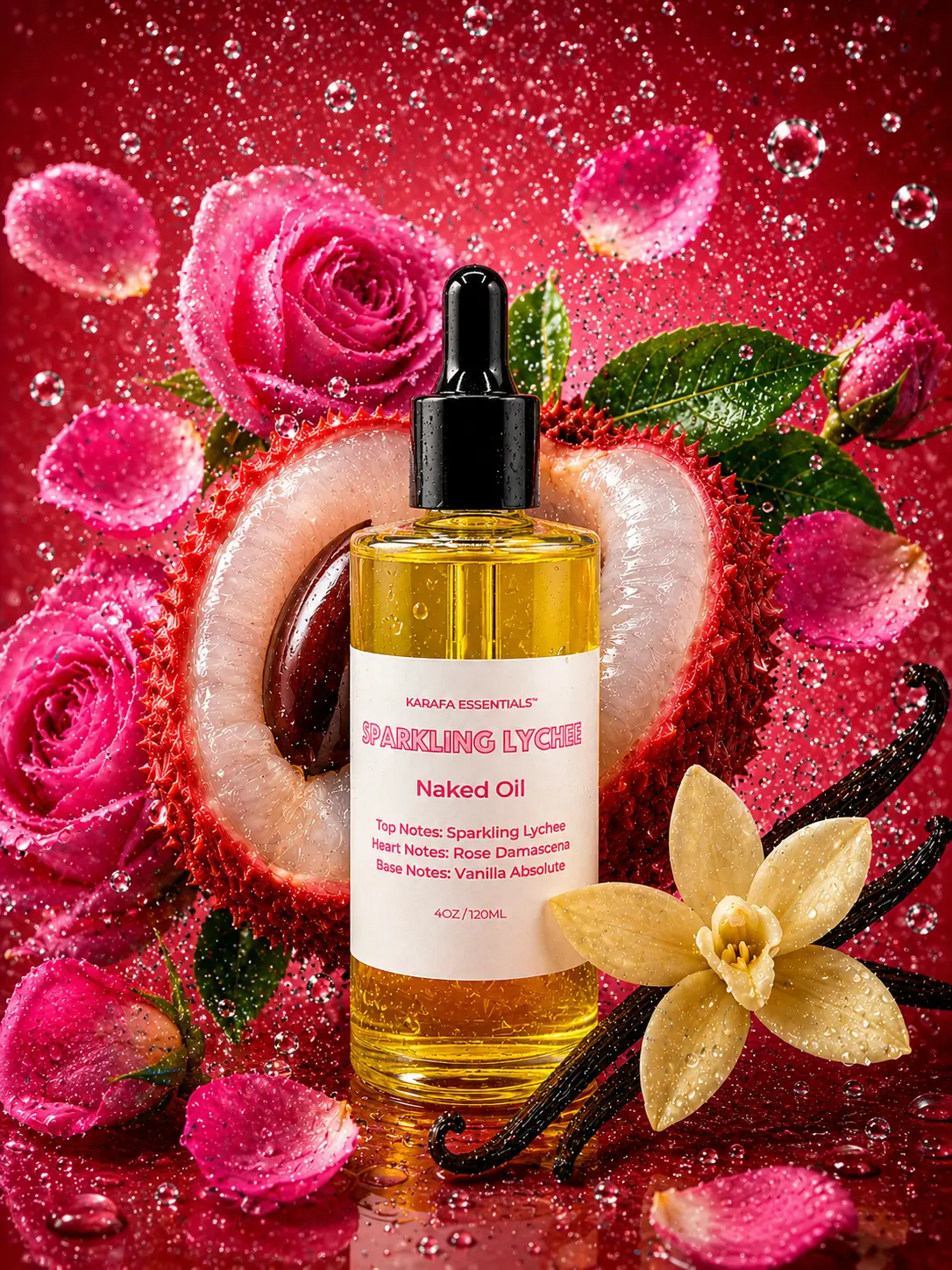Sparkling Lychee Moisturizing Body Oil with Sparkling Lychee Rose Damascena Vanilla Absolute by Karafa Essentials