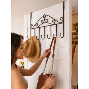 Vintage Over Door Hook Rack for Bedroom Bathroom Entryway, Decorative Metal Coat and Towel Hanger with Elegant Scroll Design, Space Saving Organizer for Jackets Hats Bags Keys Robes, Farmhouse Home Decor Gift for Mom Wife Girlfriend Christmas Halloween