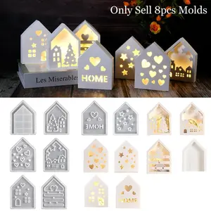 8 Piece Set Glowing Hollow House Silicone Molds, Atmosphere Light Decorative Figurine Molds, Gypsum Mold Storage House Molds, Light Up