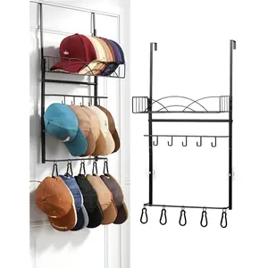 Metal Over Door Hat Rack for Baseball Caps- 3 Tier Wall Mounted Hat Rack with a Metal Basket, 5 Hooks and 5 Movable Hooks Design, Holds up to 40 Caps for Door, Bedroom & Closet