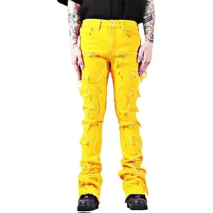 Men Stacked Spliced Biker Jeans - Stacked Style, Stretchy Cotton Denim, Solid Color, Zipper Closure, Midweight, Casual Wear, Machine Washable - Fabric Menswear Day Outfit Distressed Outdoor Personalized Top
