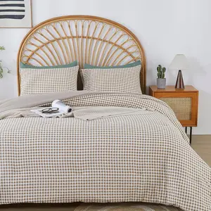 Queen Comforter Set, 3 PCS Tan Gingham Bedding Comforter, Reversible Lightweight Fluffy Checkered Bedding Set with 2 Pillowcases for All Seasons - 90" x 90