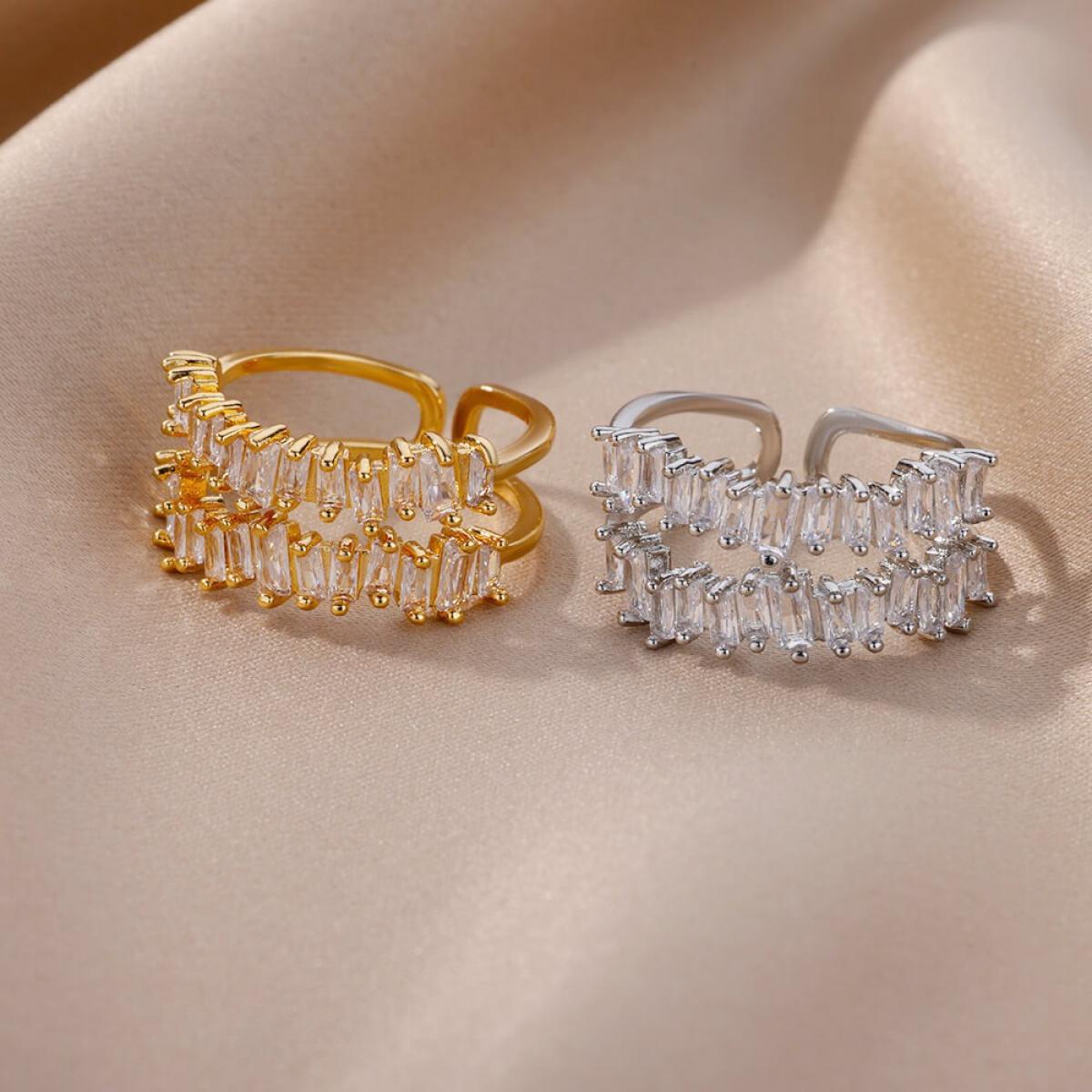 Premium Crafted Dual Layer Adjustable Statement Ring, Densely Set Sparkling Faceted Details Bold Cocktail Ring, Modern Minimalist & Glamorous Design Jewelry, Versatile Everyday & Special Occasion Accessory, Thoughtful Gift for Girlfriend, Best Friend