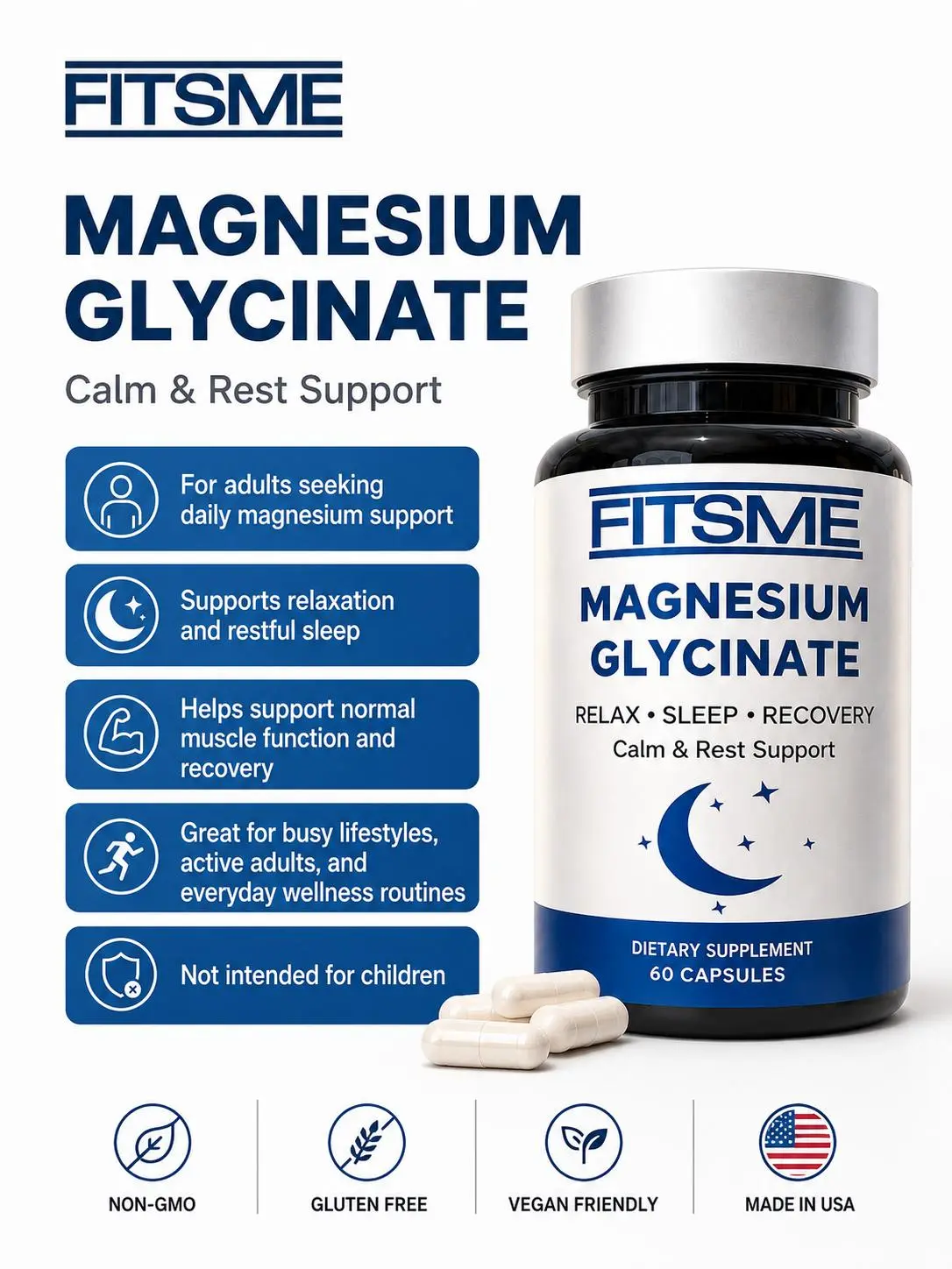 FitsMe Magnesium Glycinate Supplement Capsules for Relaxation, Calm, Nighttime Sleep Support, Muscle Recovery, Stress Support and Everyday Wellness – Easy-to-Swallow, Vegan-Friendly, Gluten-Free, Non-GMO Formula – 60 Capsules