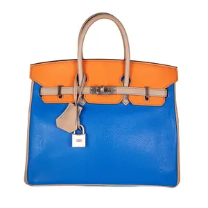 Pre-owned HERMÈS Chevre Tote Bags Mysore Birkin 25 Tricolor Bleu Hydra/Gris Tourterelle/Mangue