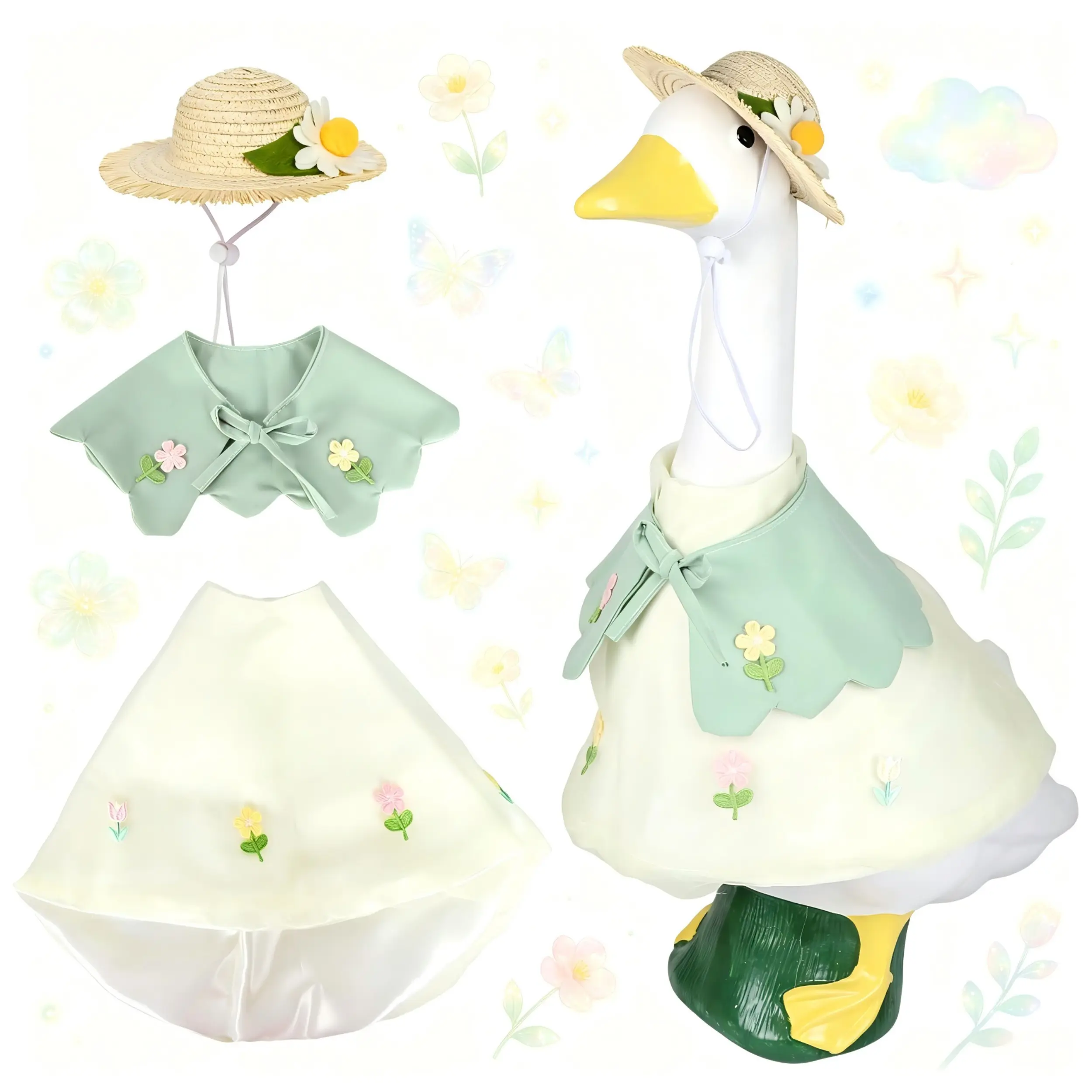 23-Inch Cement Lawn Goose Statue with 3-Piece Fall Outfit Set - Outdoor Safe Garden Decor Accessories Including Straw Hat, Collar & Skirt for Front Porch Entrance Autumn Decoration