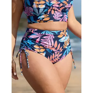 BLOOMCHIC Plus Size Bright Tropical Print Tummy-Control Swim Bottoms - High Rise Waist, Gathered Drawstring, Skinny Cut, Polyester Blend Swimsuits Tummy Control [M-6X] 2026 Summer Pick 2026 Summer Vibes Swimweek