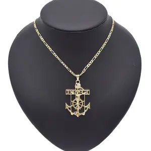 18-Karat Layered Real Gold-Filled Jesus Anchor Pendant Charm Necklace, 24-Inch Gold Statement Chain, Signature Cross Design #29