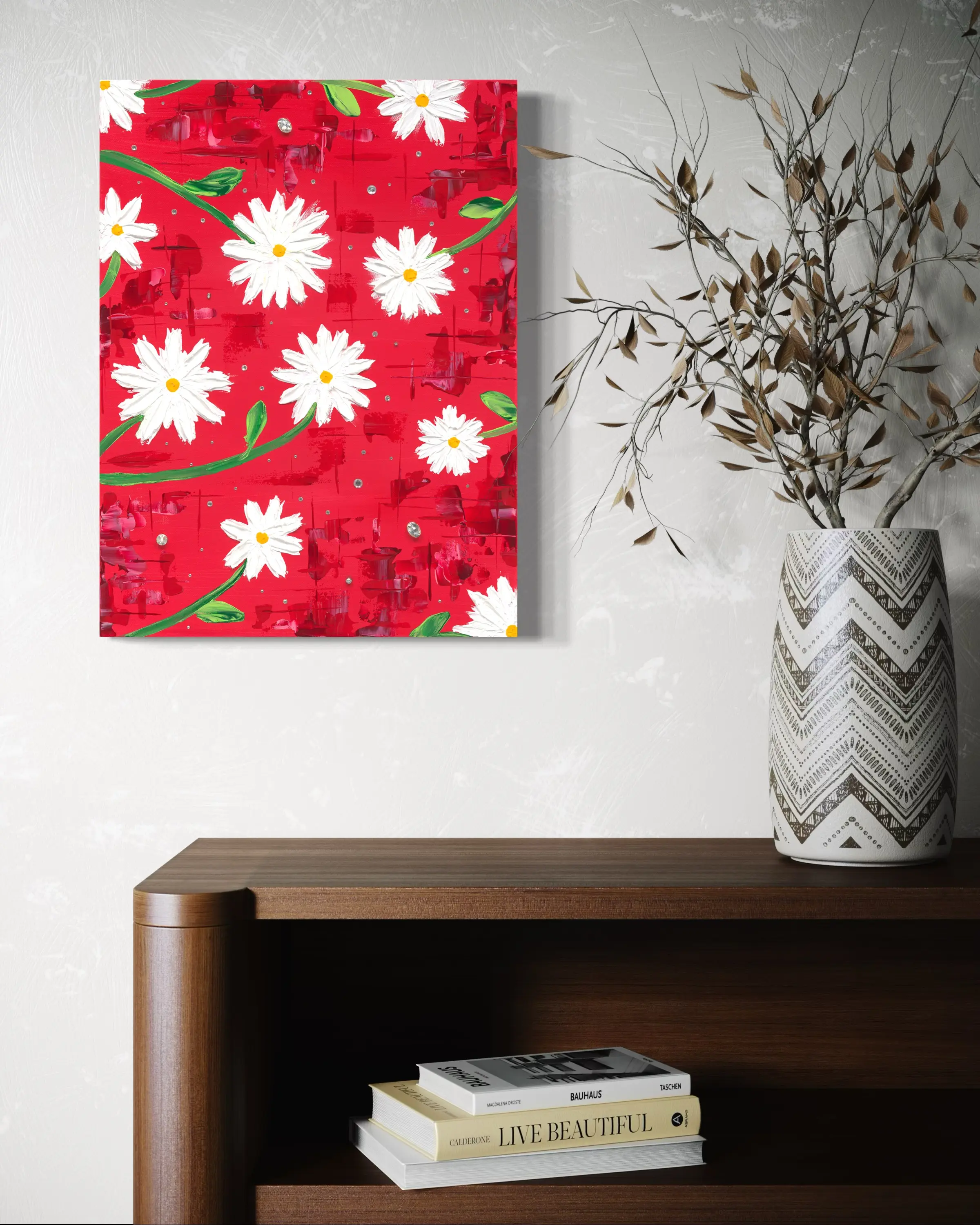 Daisies and Diamonds 18"x24" Abstracture Canvas with Impasto Acrylic & Diamond Rhinestones for Living Room Decor Botanical Geometric Texture